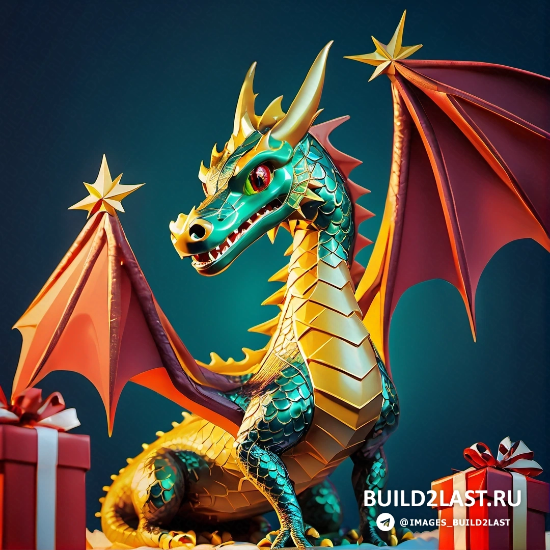 статуя дракона, на столе рядом с подарочной коробкой