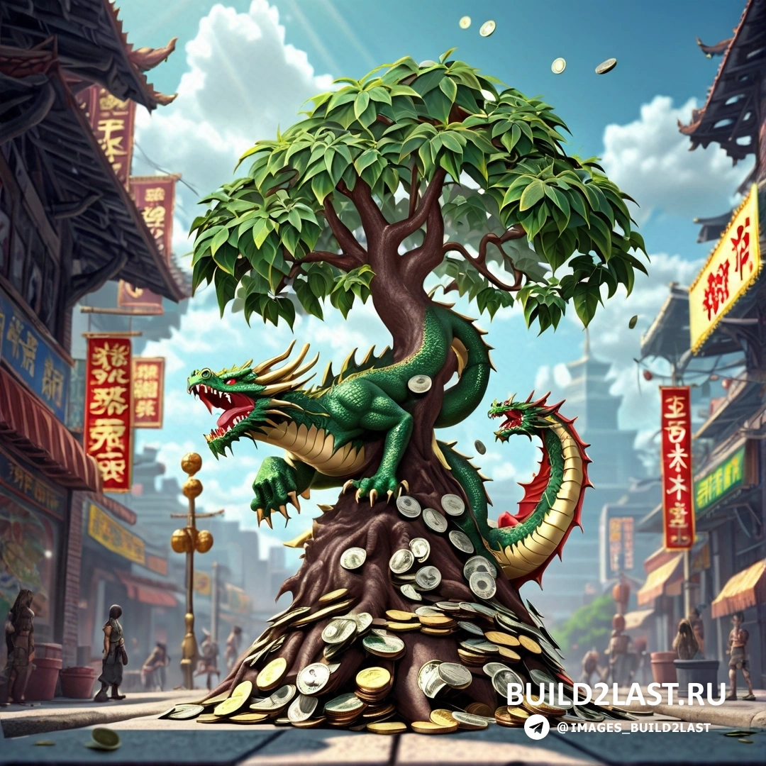 статуя дракона, на вершине дерева на городской улице, вокруг которой много денег