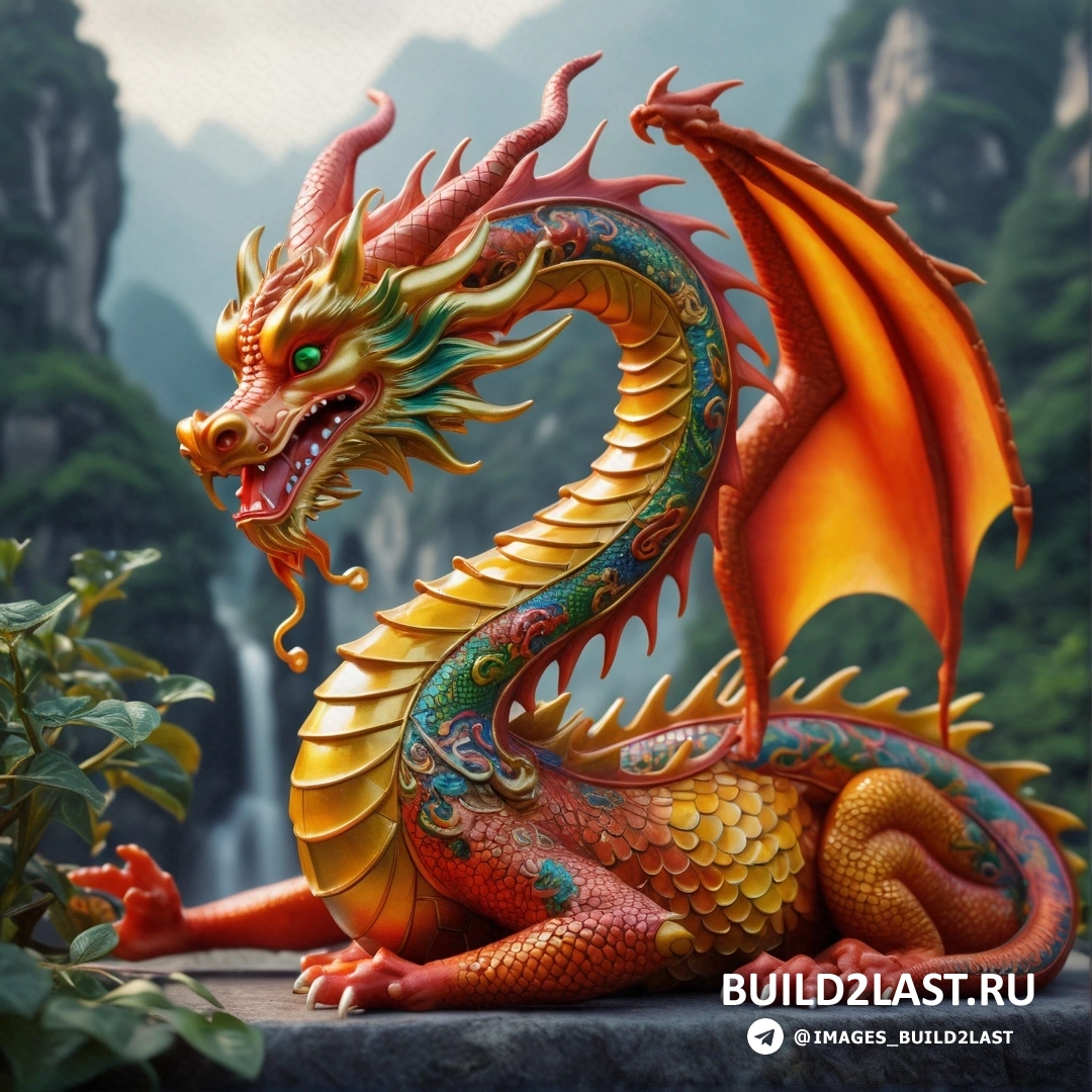 статуя дракона, на вершине каменной стены рядом с лесом и горами с водопадом
