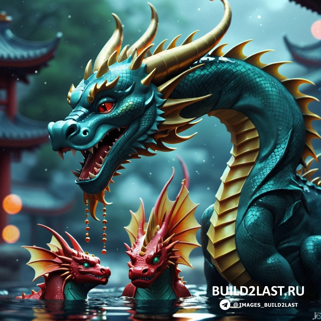 статуя дракона находится в воде, рядом с другим драконом на фоне китайского храма ночью