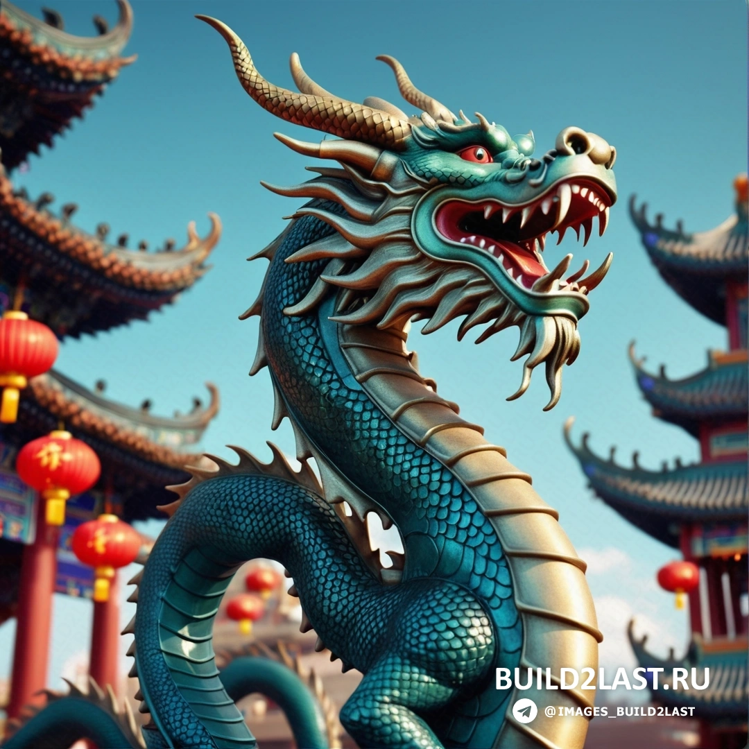 статуя дракона перед китайским зданием с фонарями