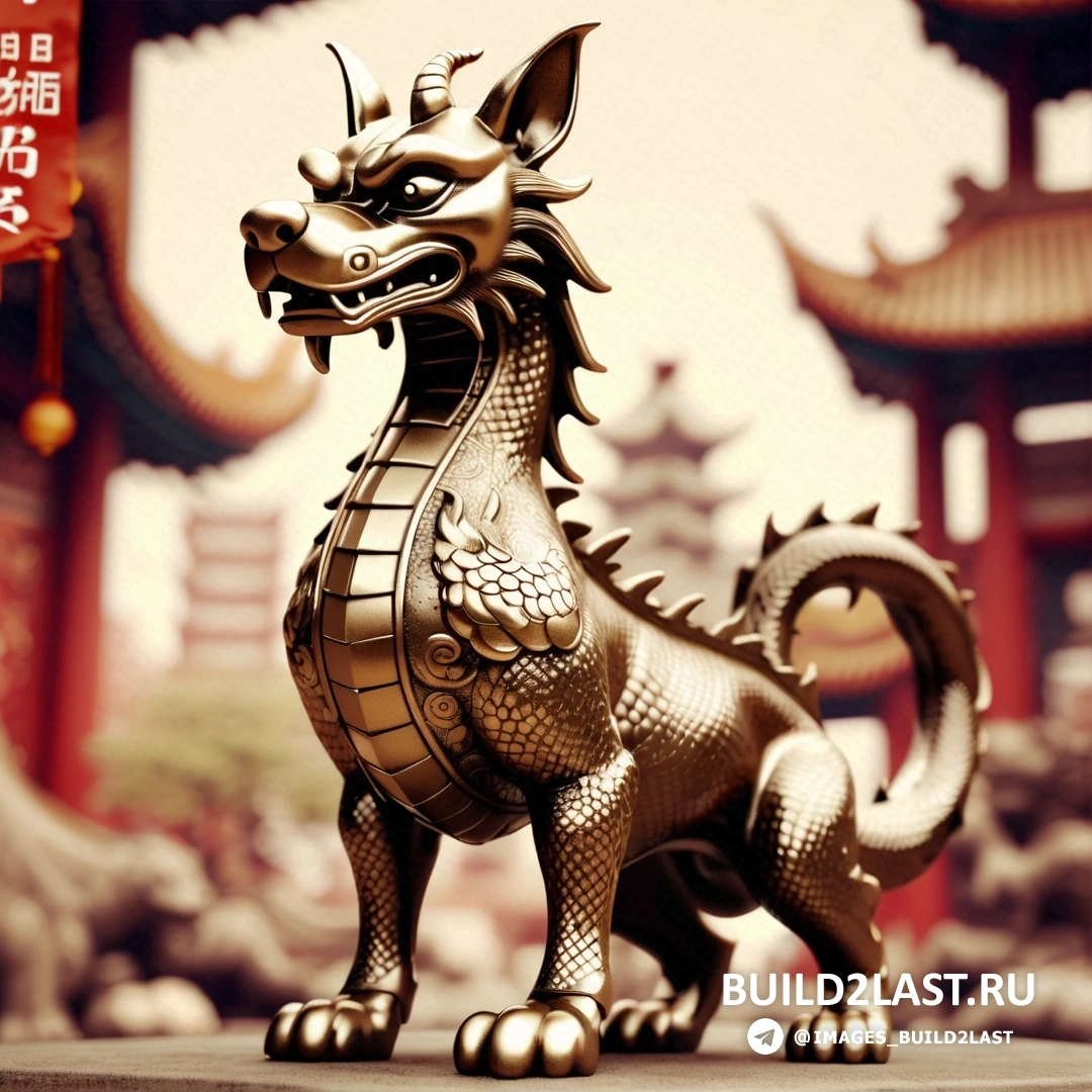 статуя дракона перед китайским зданием с красным знаком с надписью: «Император Хуэйцзун из Сун