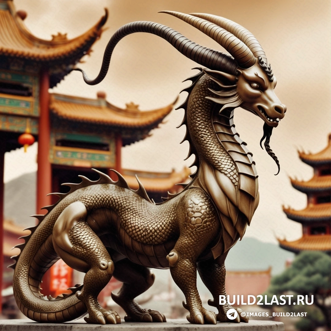 статуя дракона с длинным рогом на постаменте перед зданием с пагодой, император