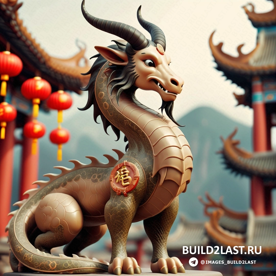 статуя дракона с фоном в китайском стиле и горой вдалеке с красными фонарями в небе