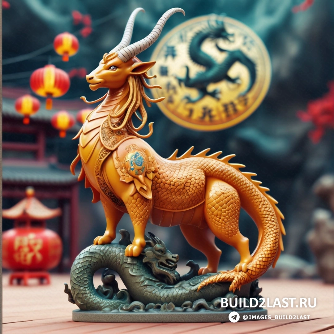 статуя дракона с китайским символом на фоне фотографии китайского храма с фонарями