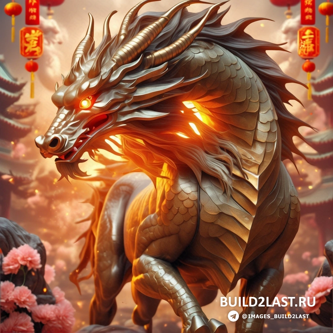 статуя дракона с красным светом в глазах и красным фоном с китайской надписью