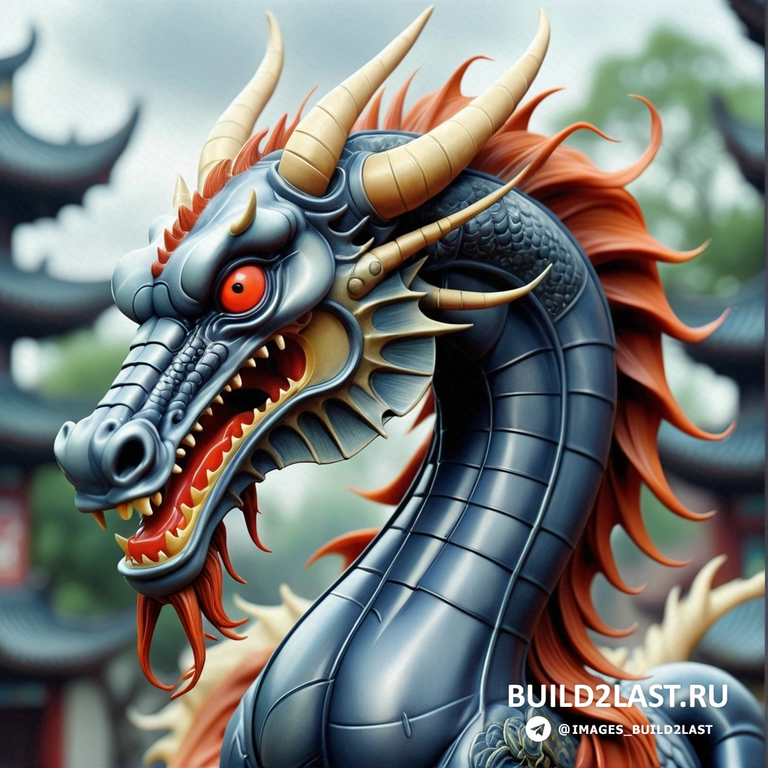 статуя дракона с красными глазами и оранжевыми волосами на голове, на фоне в китайском стиле