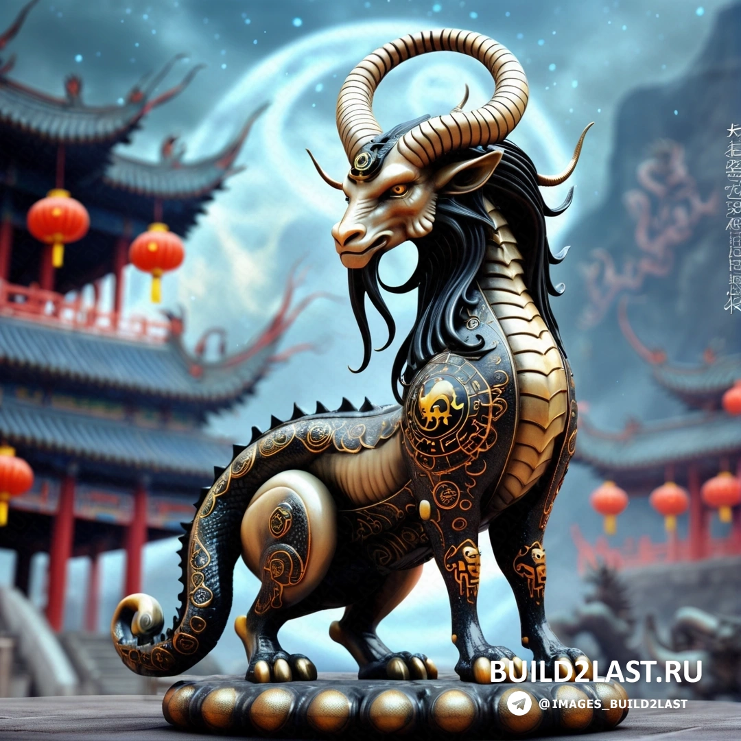 статуя дракона с рогами и водоемом с фонарями в небе