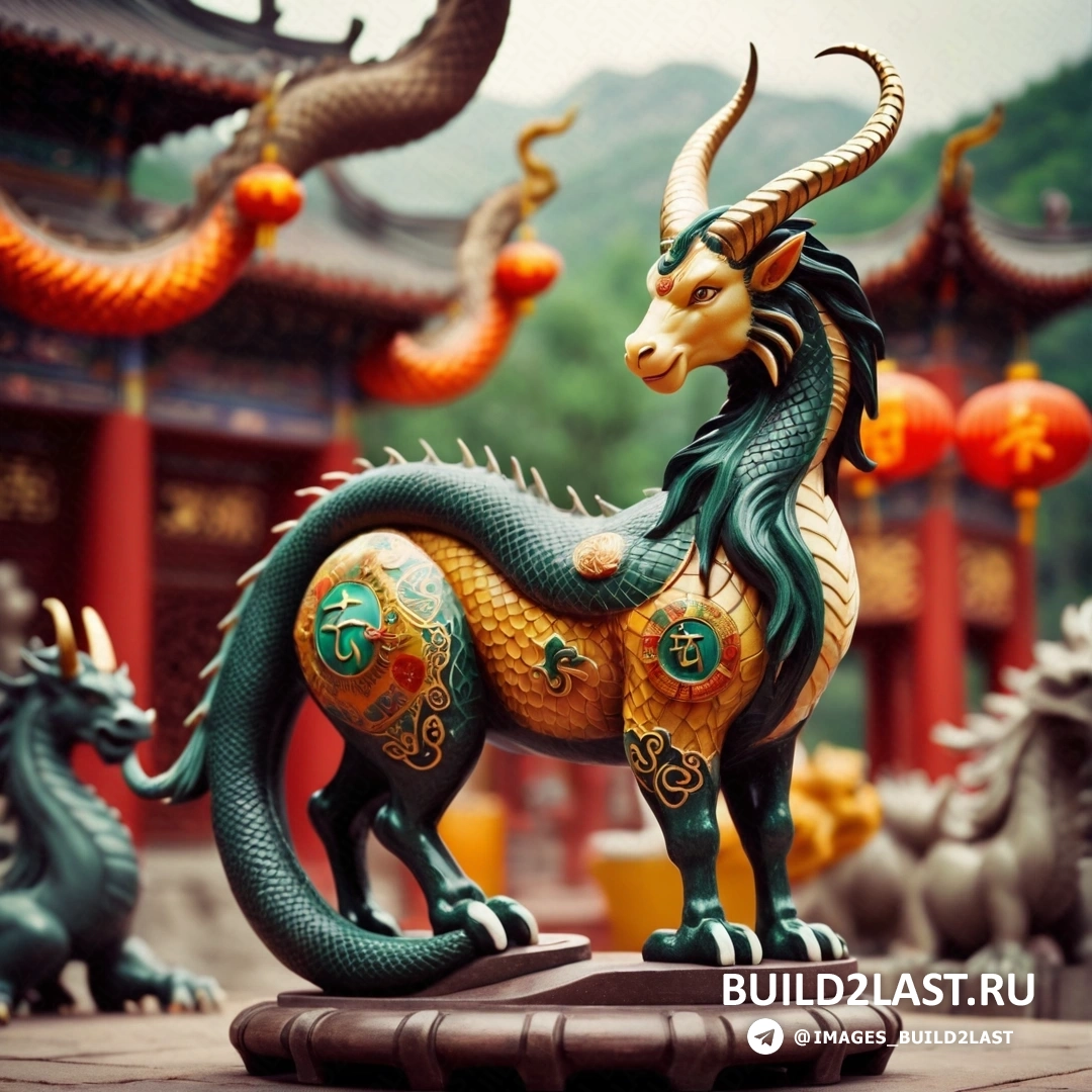 статуя дракона с рогами на фоне горы