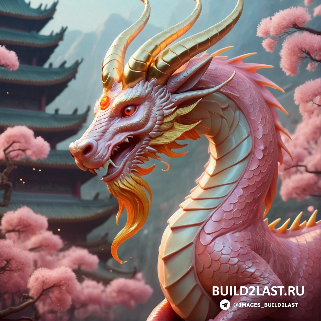 статуя дракона, сидящего перед зданием с розовыми цветами и пагодой