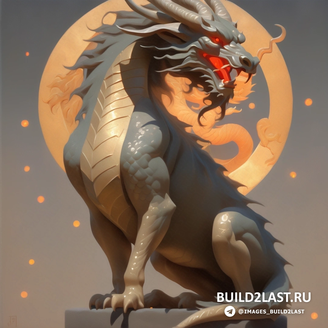 статуя дракона, сидящего на постаменте с луной и красным глазом в центре