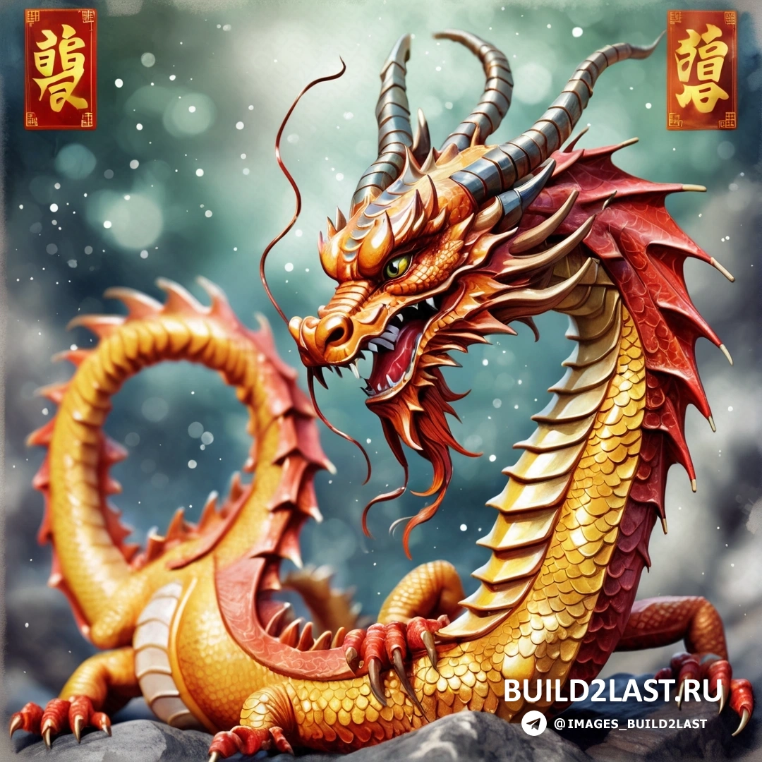 статуя дракона, сидящего на вершине камня в снегу, с китайской надписью 