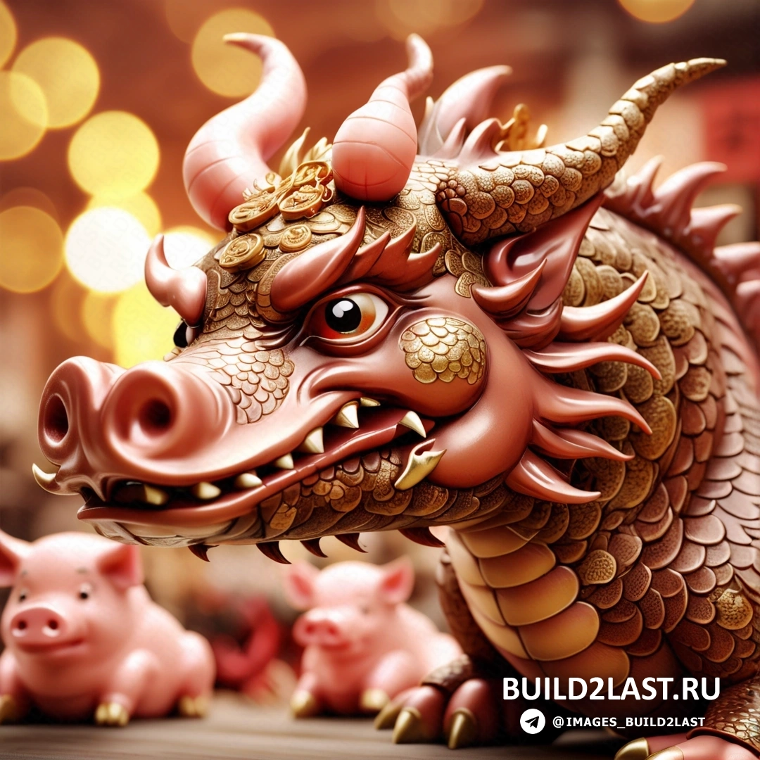 статуя дракона со свиньей на земле перед ней и размытым фоном