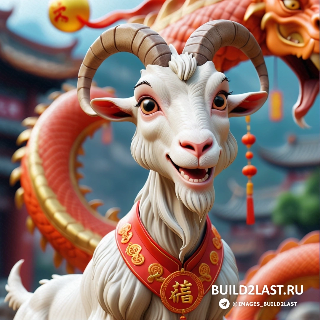 статуя козла с драконом и фон в китайском стиле