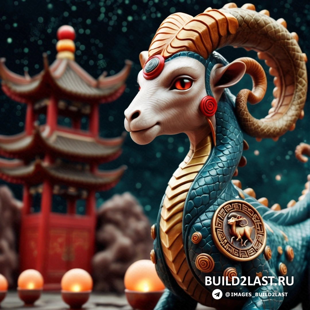 статуя козла с китайским зданием и свечами и зажженным фонарем посередине