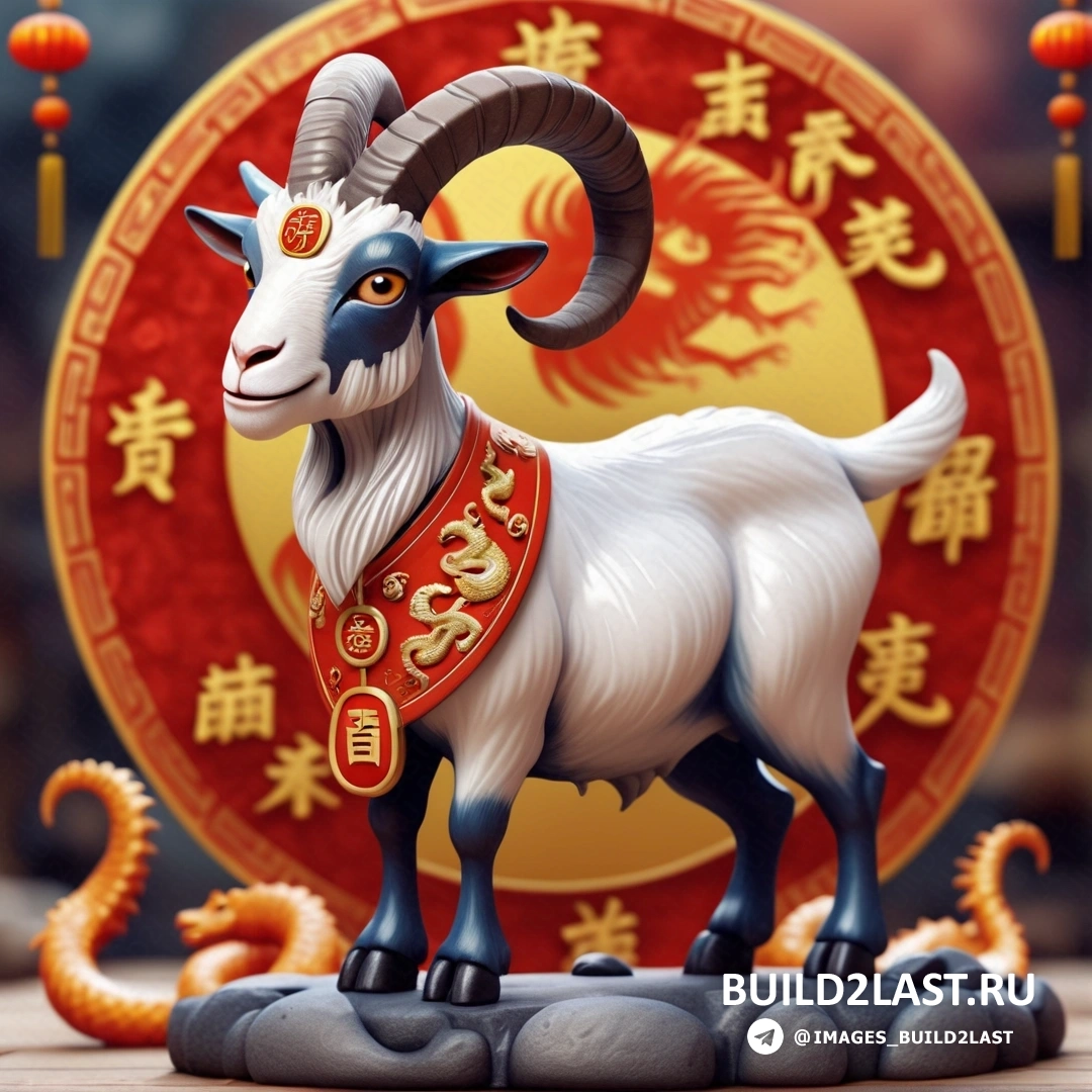 статуя козла с китайским знаком зодиака и статуя дракона с красным фоном