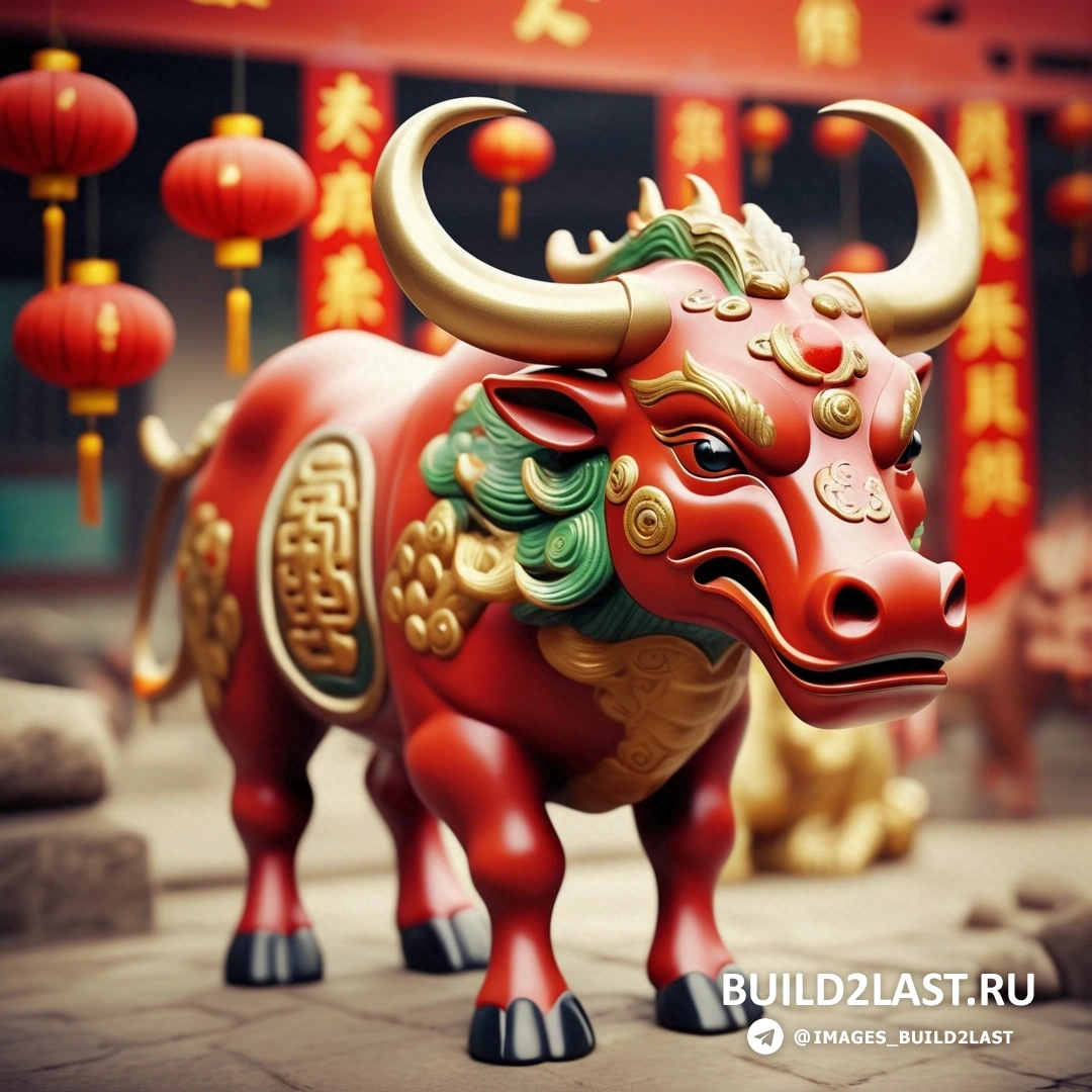 статуя красного быка, на каменном полу рядом со зданием с свисающими с него китайскими фонариками