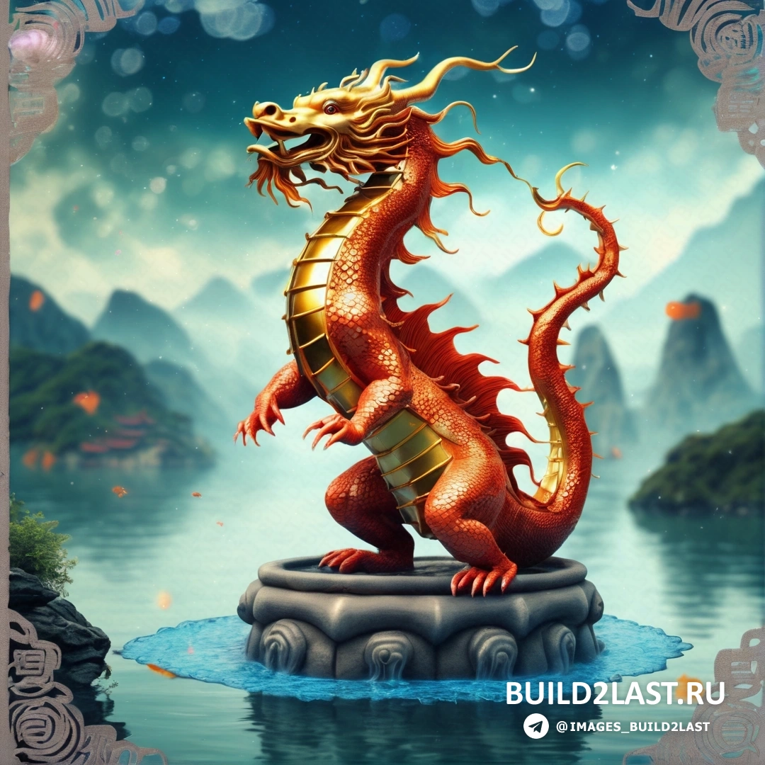 статуя красного дракона, на вершине скалы в воде, с горами и голубым небом