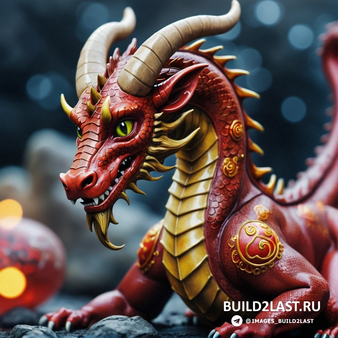 статуя красного дракона, рядом с красным фонарем