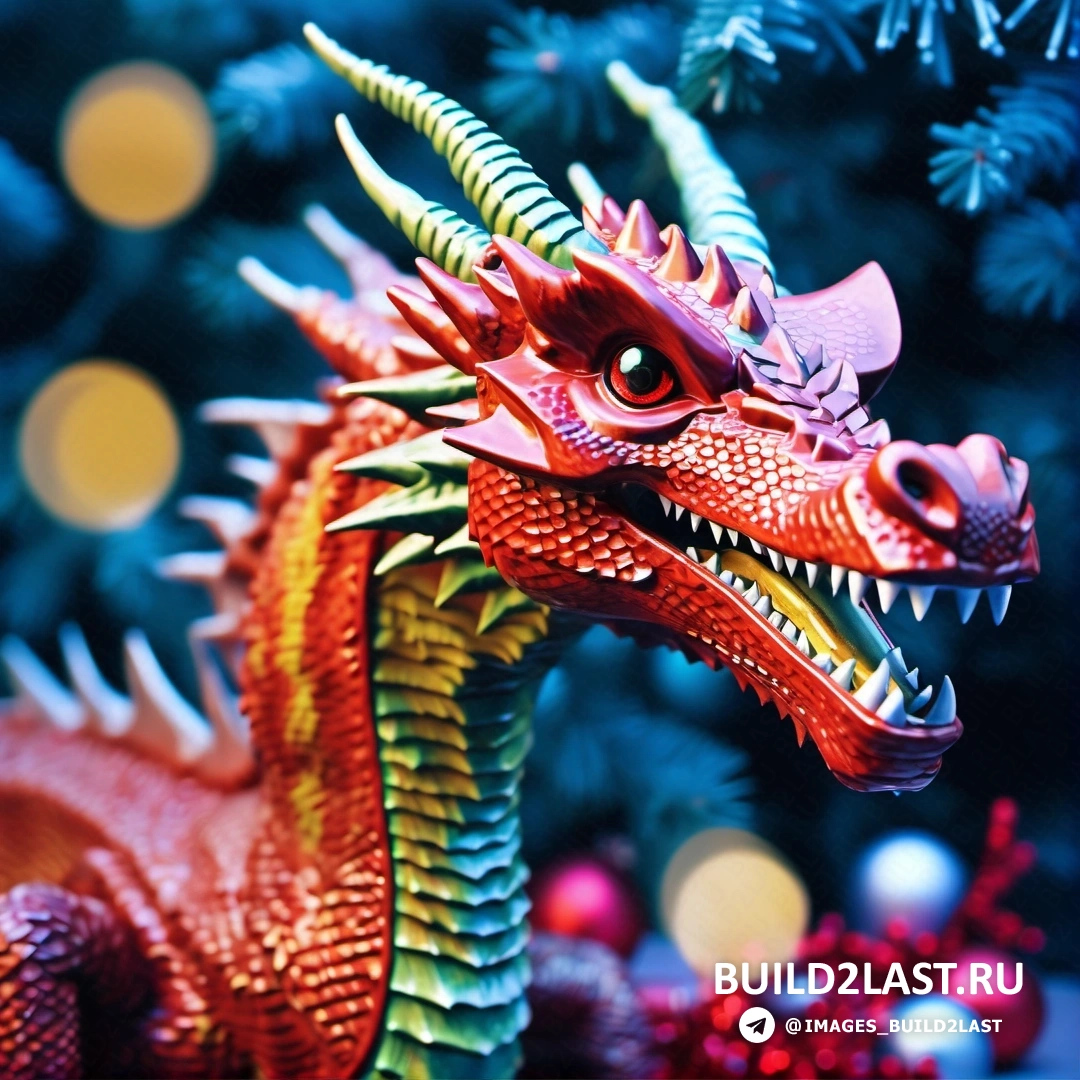статуя красного дракона, рядом с рождественской елкой с огнями