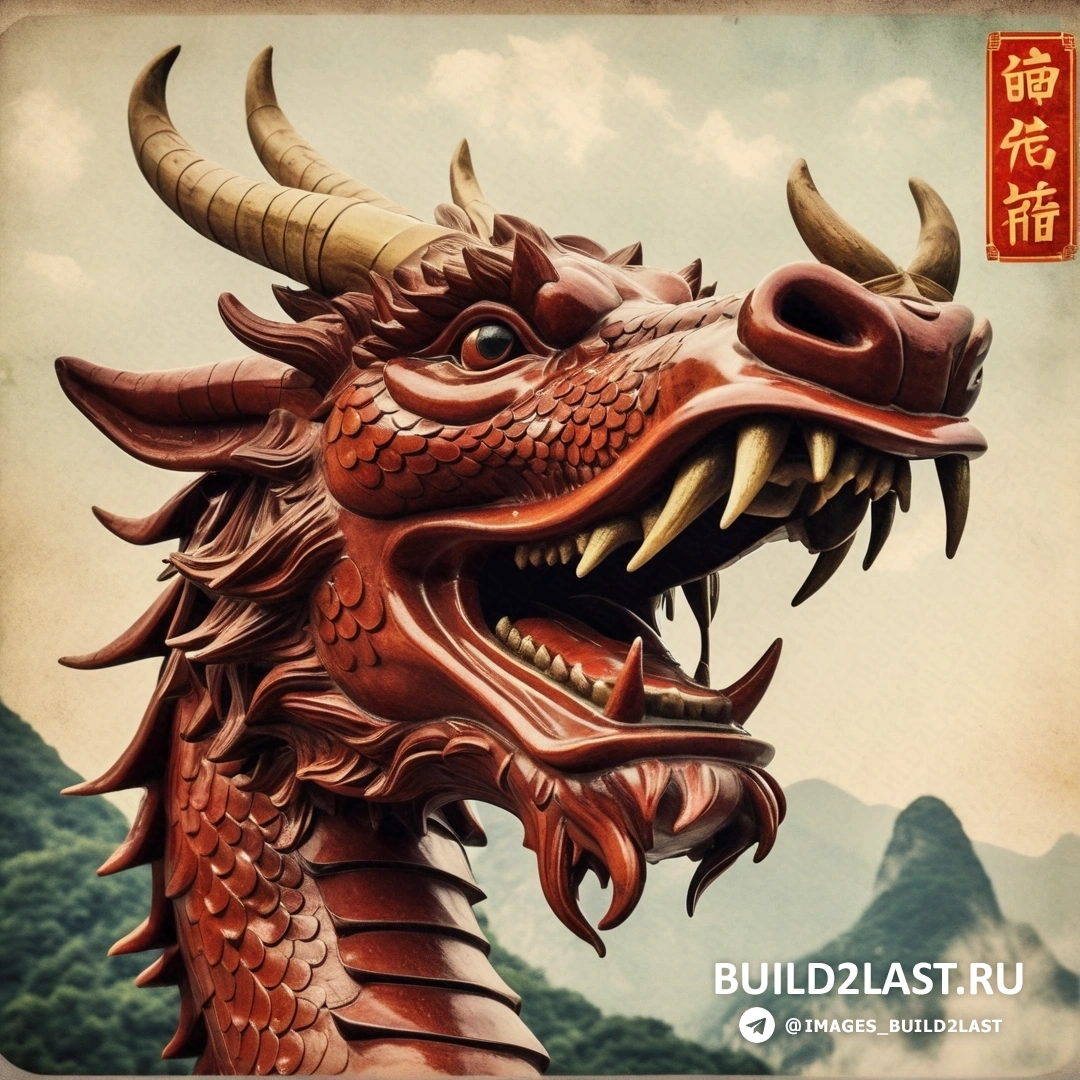 статуя красного дракона с горой с китайской надписью и фоном неба