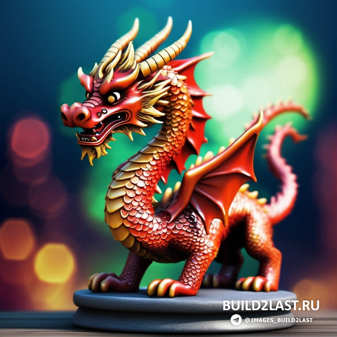 статуя красного дракона, на деревянном столе рядом с синим фоном с огнями