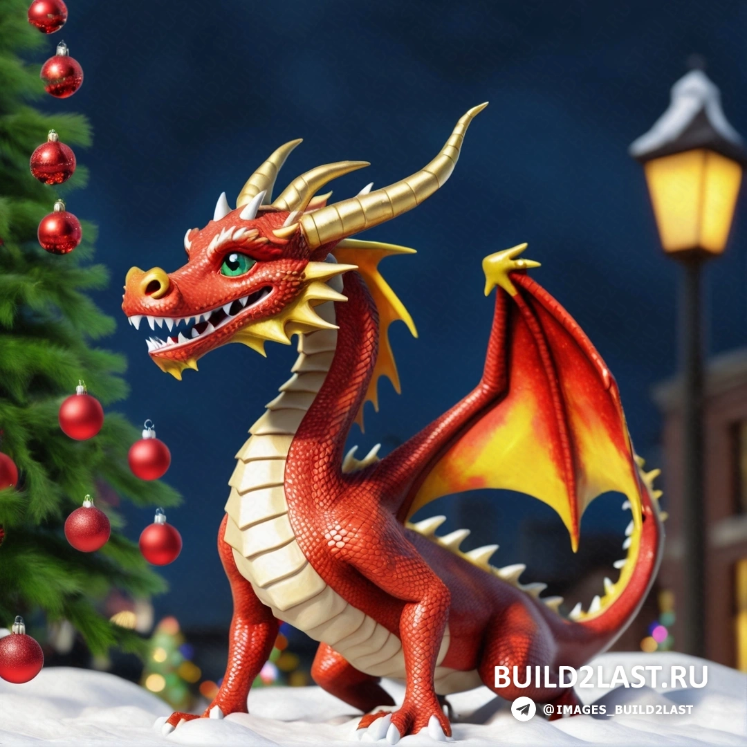 статуя красного дракона рядом с рождественской елкой