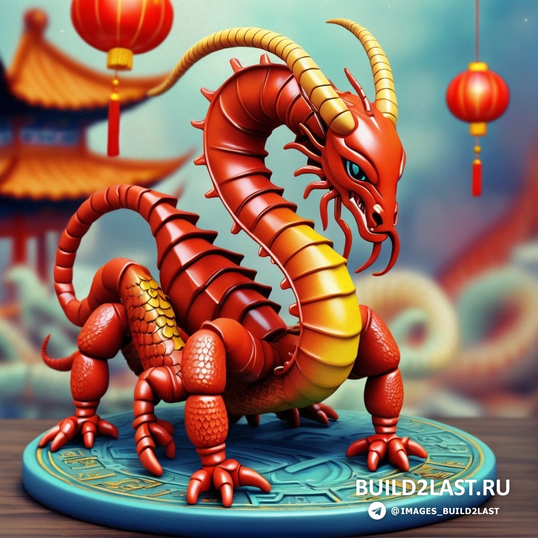 статуя красного дракона на синем основании с фонарями