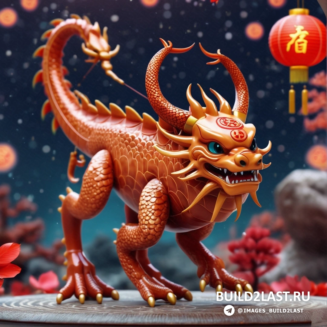 статуя красного дракона на столе с красным фонарем