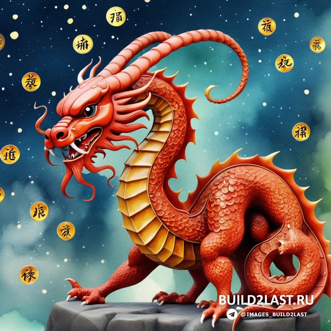 статуя красного дракона на скале с китайскими иероглифами и фоном неба со звездами и облаками