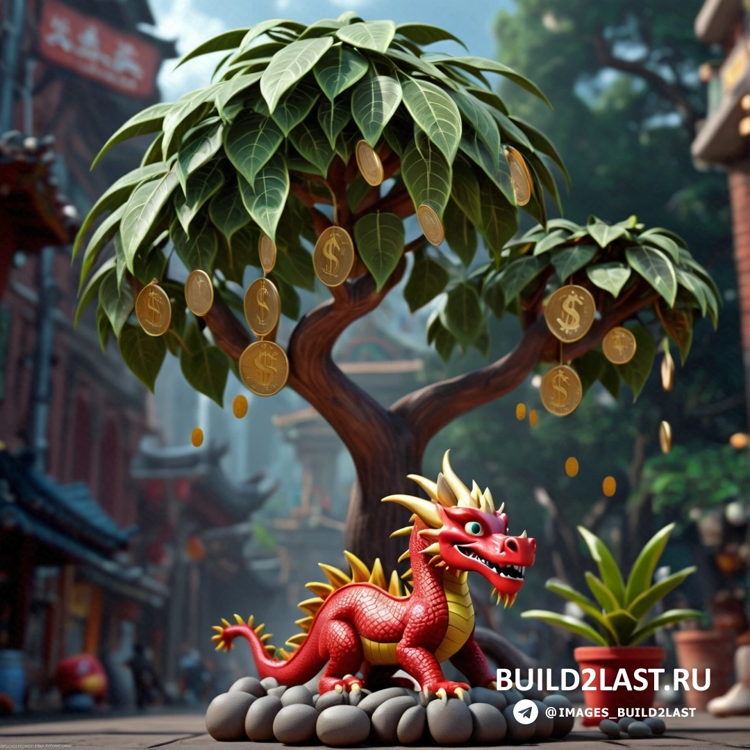 статуя красного дракона, на вершине камня рядом с деревом и растением в горшке с монетами
