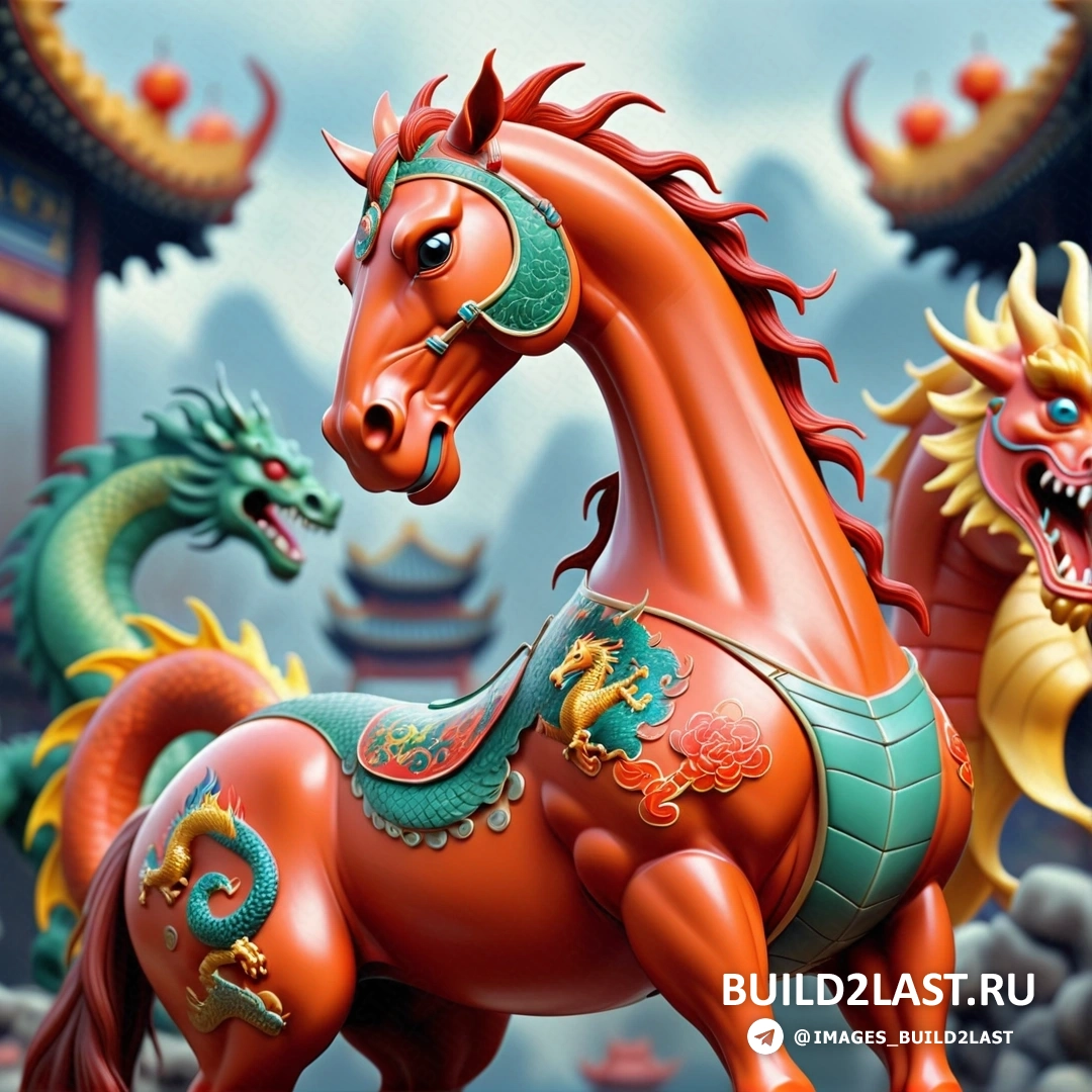 статуя красной лошади с двумя статуями зеленого дракона на задних ногах