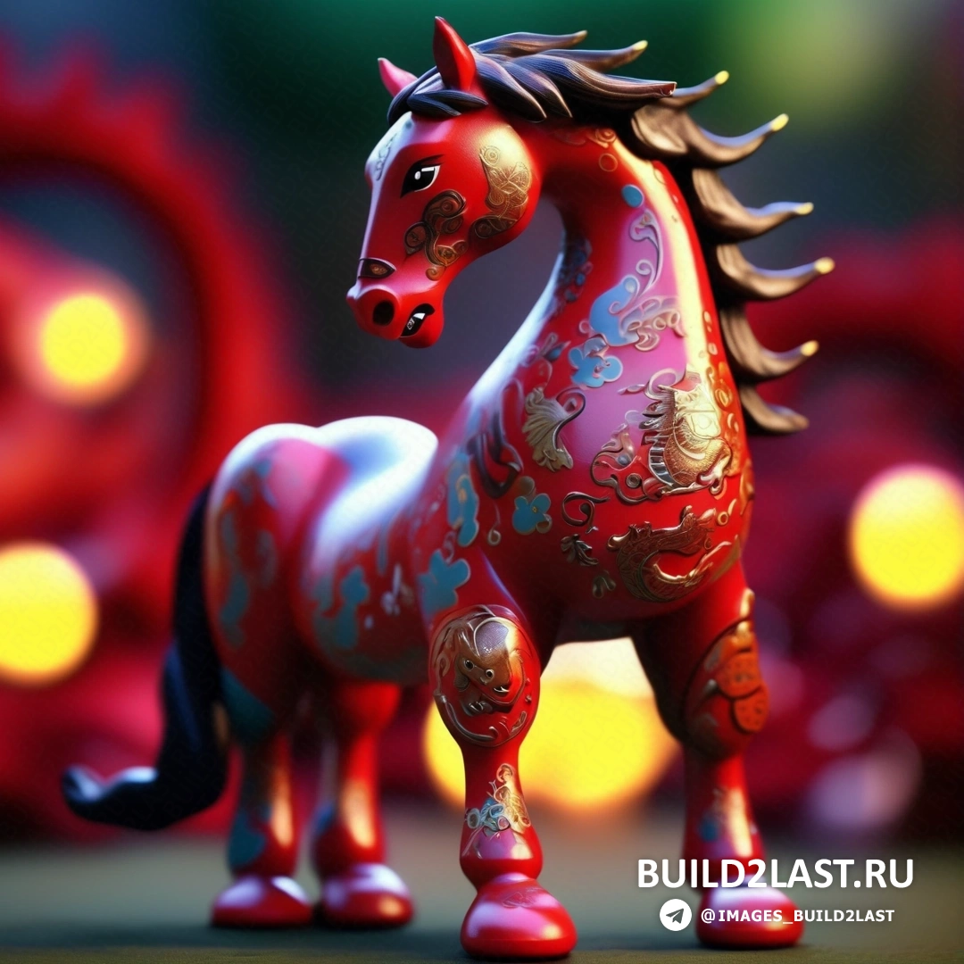 статуя красной лошади с черной гривой и хвостом и красным фоном с желтыми кругами и огнями позади нее