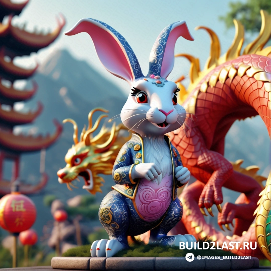 статуя кролика со статуей дракона позади нее перед горным хребтом с пагодами и фонарями