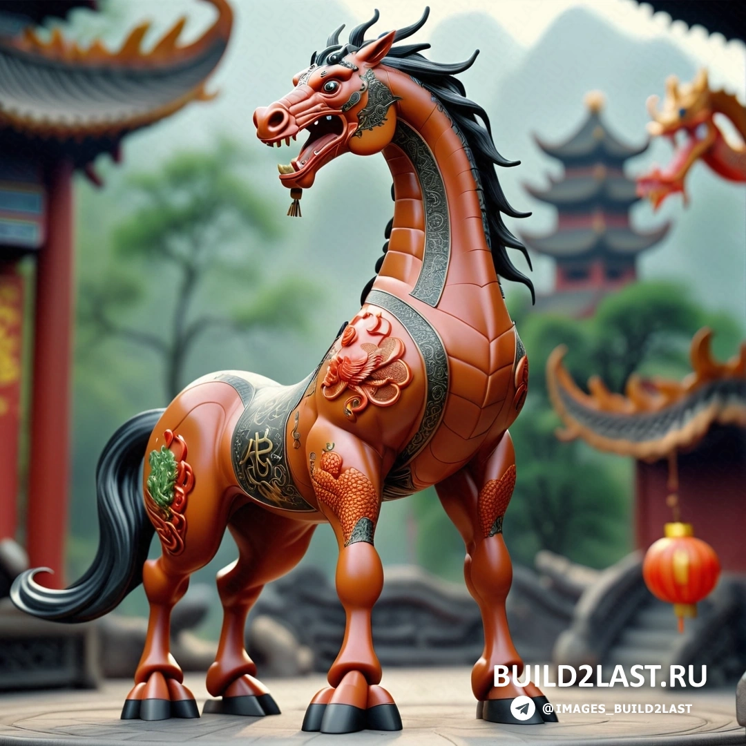 статуя лошади с драконом на спине и фонарем с горой, император