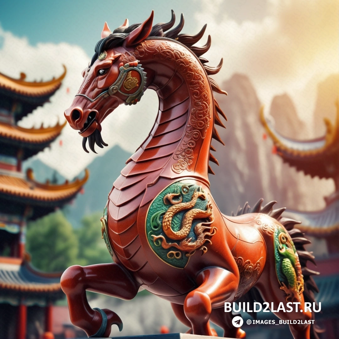 статуя лошади с драконом на спине перед горным хребтом и пагодами