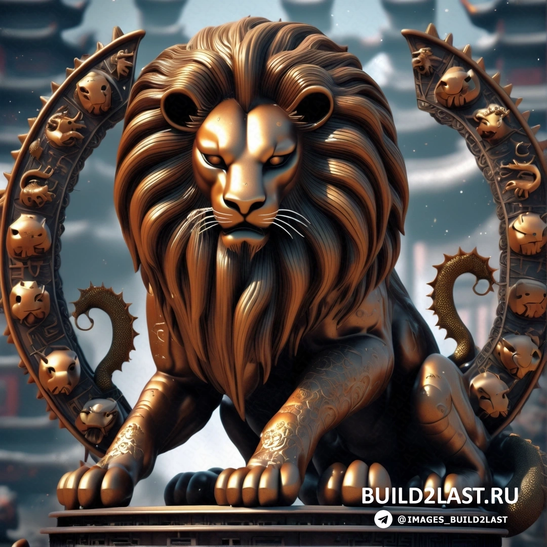 статуя льва, на деревянном столе рядом с башней с часами на фоне неба и луны, император
