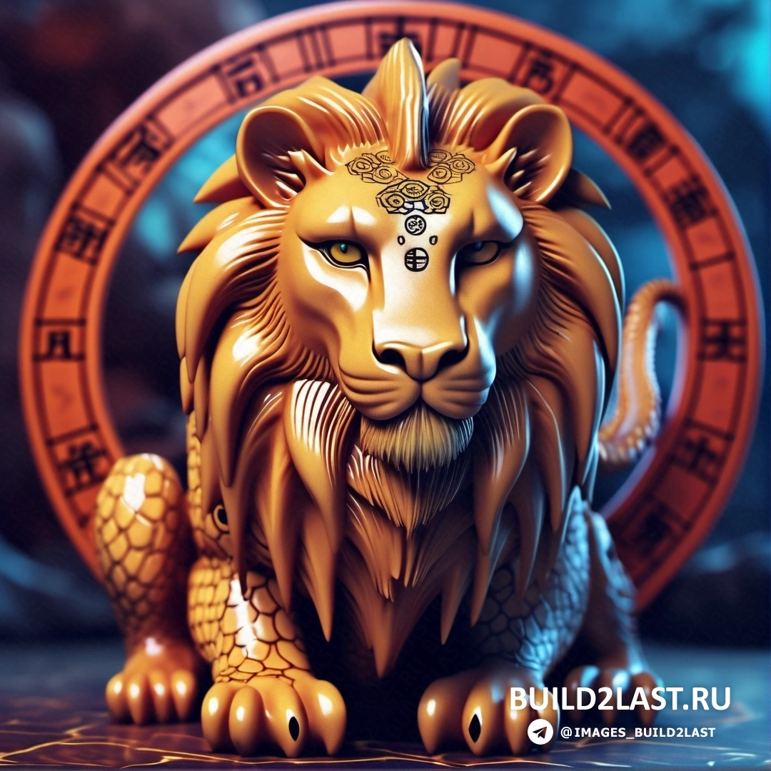 статуя льва, сидящего перед часами, со львом на морде и драконом на спине