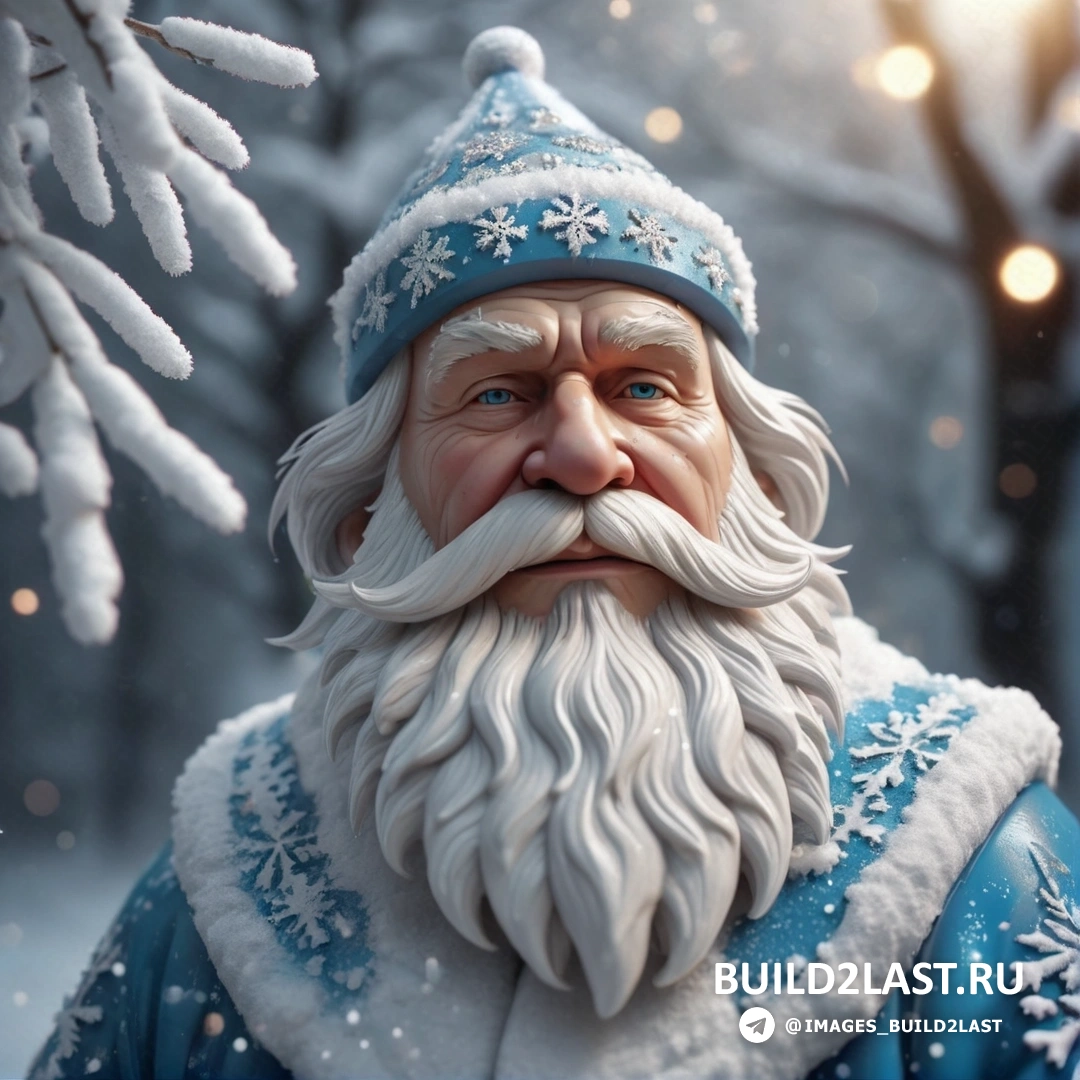 статуя мужчины с бородой в синем наряде и шапке со снежинками