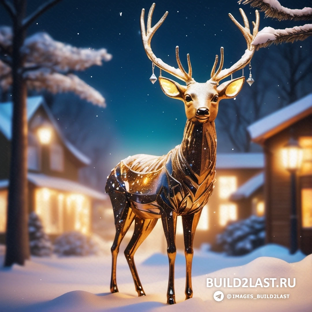 статуя оленя в снегу перед домом ночью с огнями на рогах