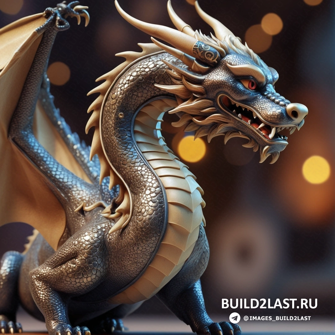 статуя серебряного дракона, на столе рядом с освещенным фоном с размытым боком огней