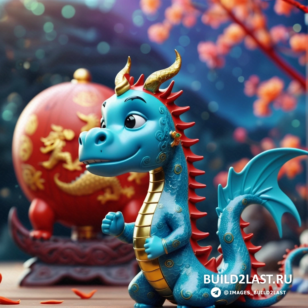 статуя синего дракона, рядом с красным шаром
