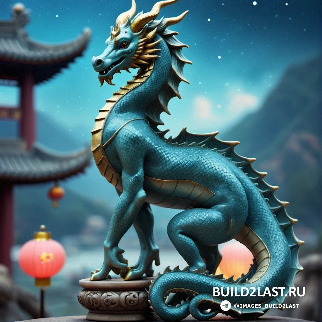 статуя синего дракона, на столе рядом с фонарем и китайским зданием