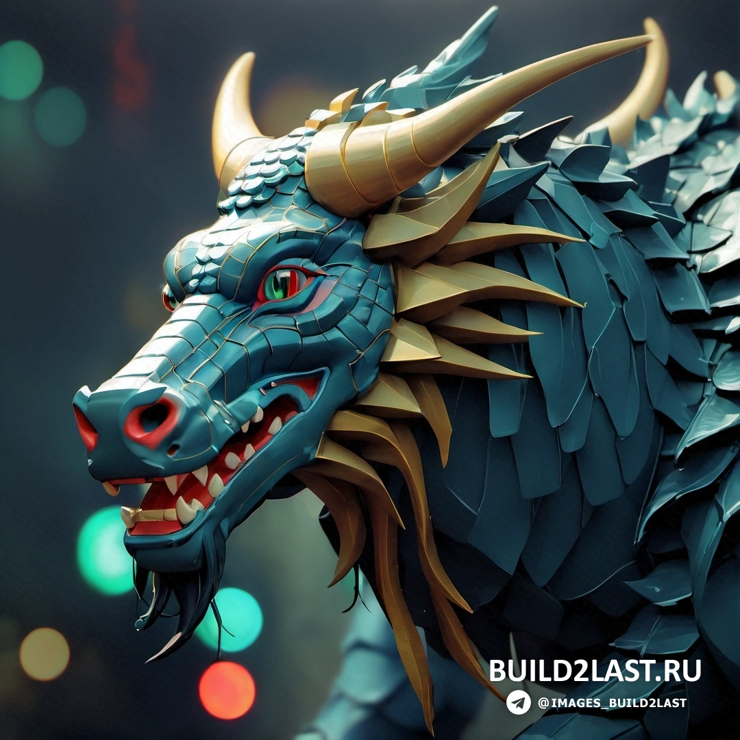 статуя синего дракона с красным глазом и золотыми рогами на голове и зеленым фоном