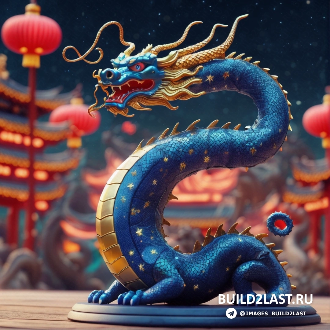 статуя синего дракона, на деревянном столе рядом с красным фонарем и красными фонарями на стене
