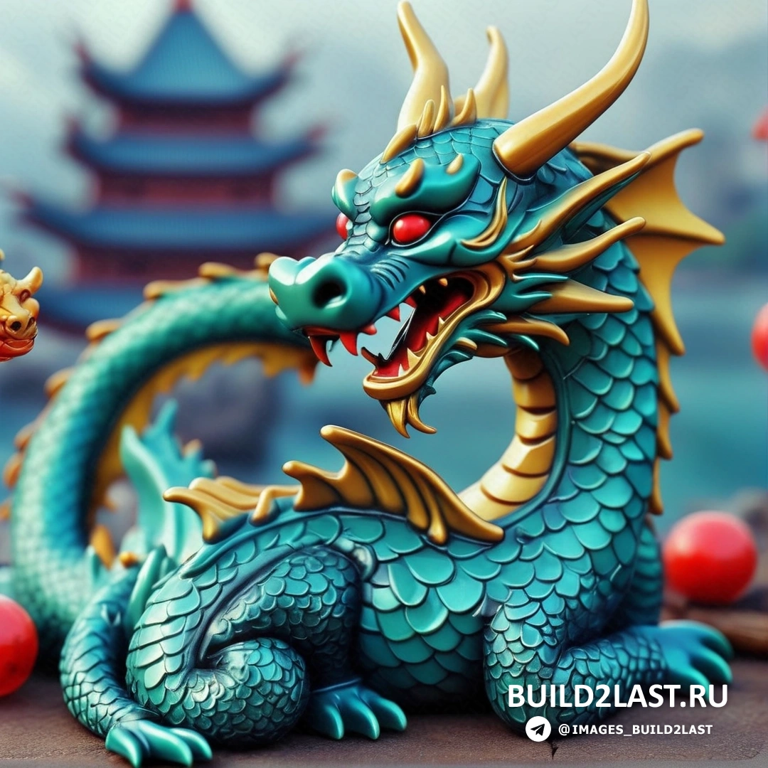 статуя синего дракона, на столе рядом с красным шаром и китайским зданием