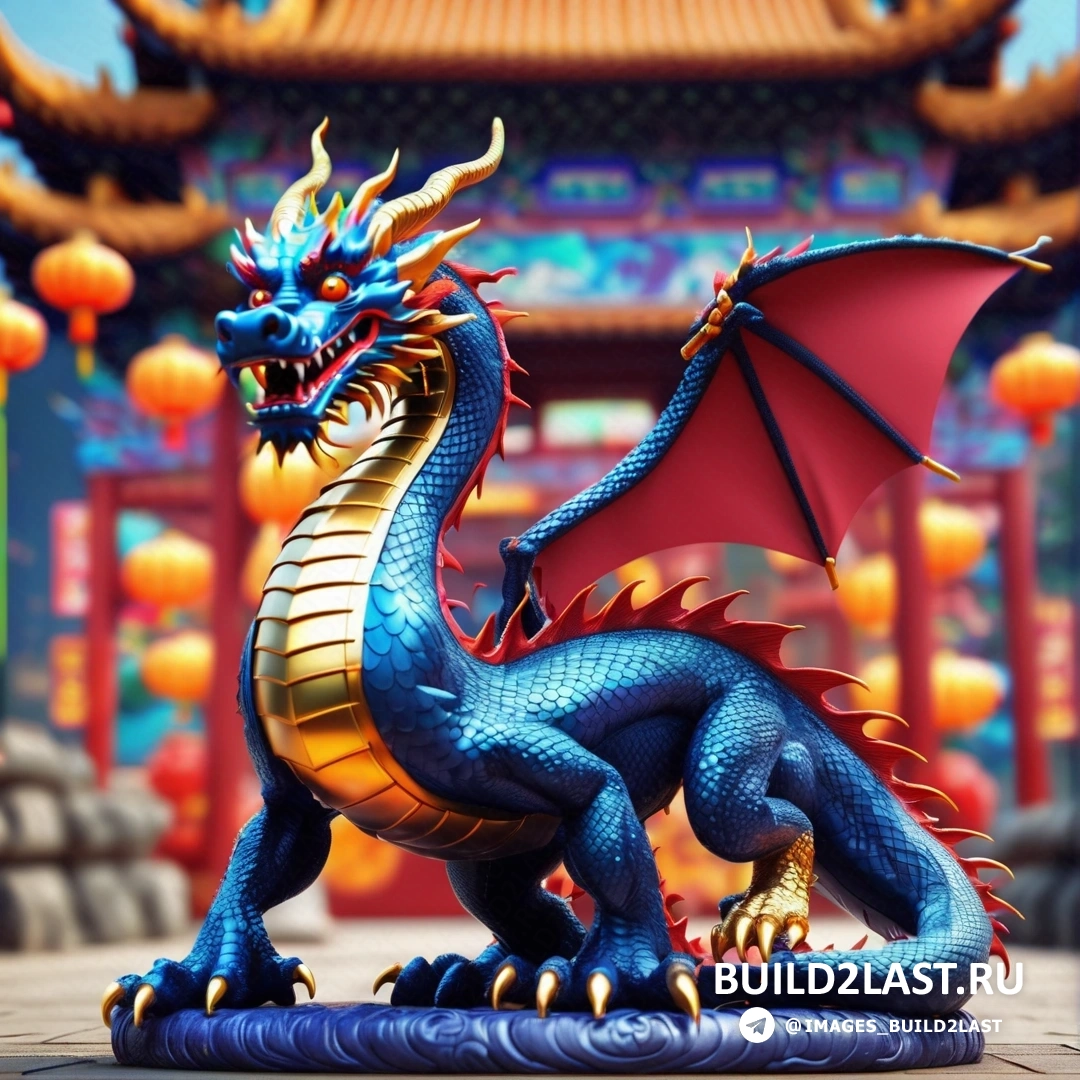 статуя синего дракона, на синем основании перед зданием с фонарями 
