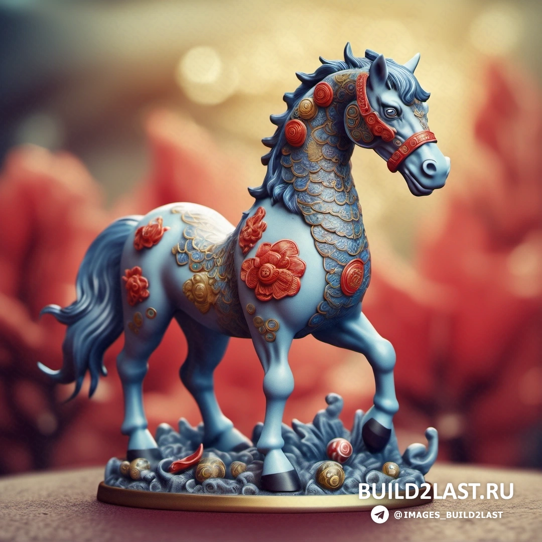 статуя синей лошади на столе