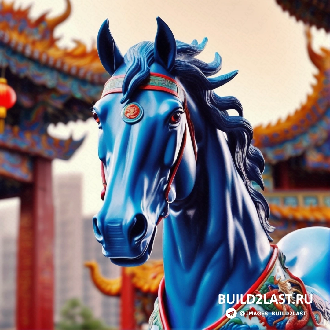 статуя синей лошади перед китайским зданием на фоне неба и аркой в китайском стиле, император