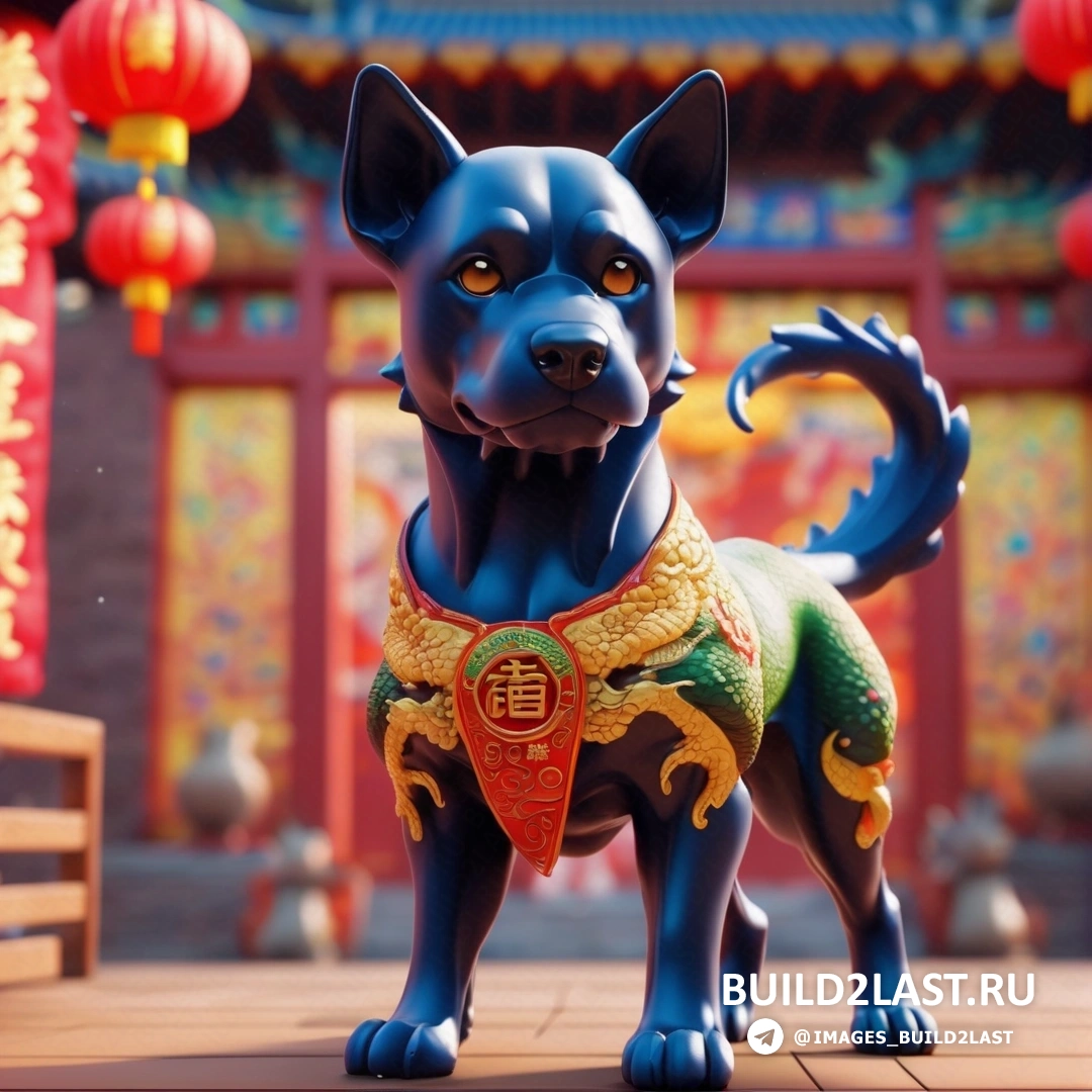 статуя синей собаки, стоящая перед китайским зданием с фонарями и красным фонарем 